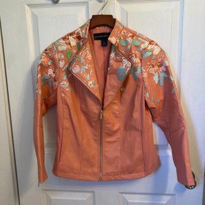 NWOT Colleen Lopez Pink Floral Embroidered Full Zip Faux Leather Jacket,…